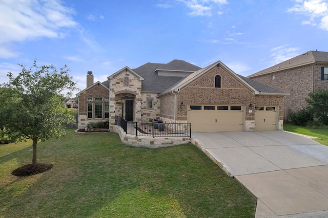 french provincial home featuring an attached garage, a front lawn, brick siding, a chimney, and driveway