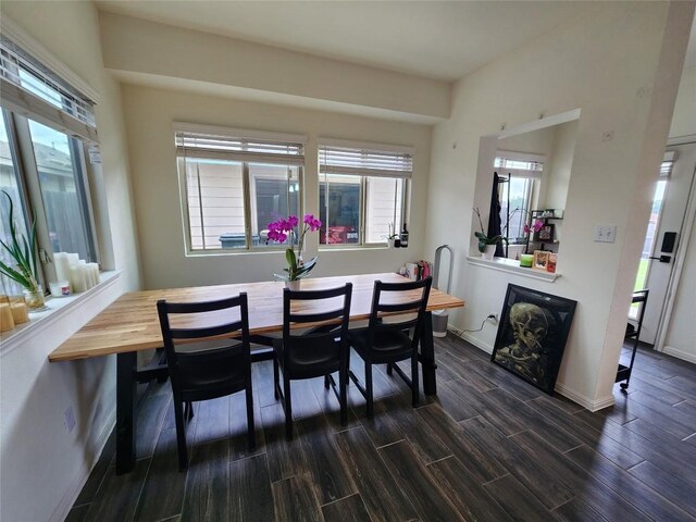 dining area with baseboards, wood tiled floor, and a wealth of natural light