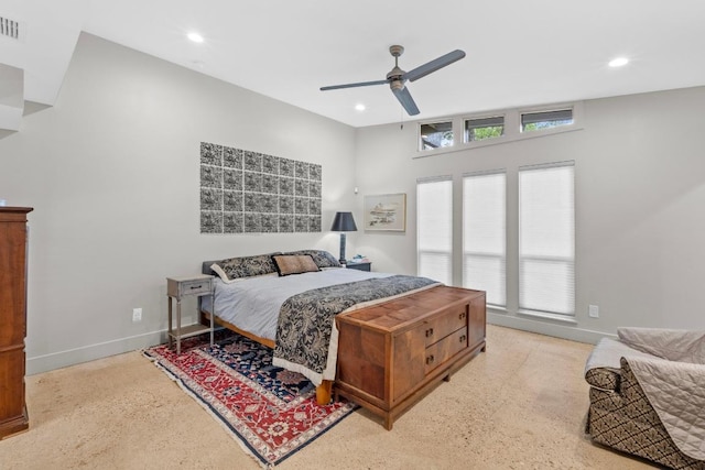 bedroom with baseboards, a ceiling fan, recessed lighting, and speckled floor