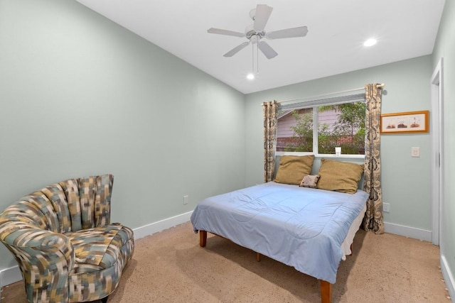 bedroom featuring baseboards, ceiling fan, and recessed lighting