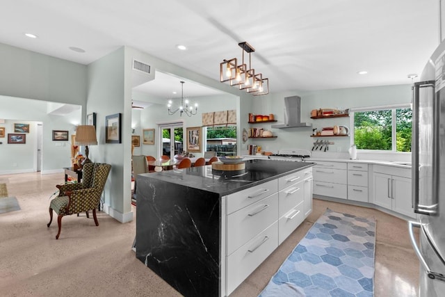 kitchen with visible vents, open shelves, pendant lighting, recessed lighting, and wall chimney exhaust hood