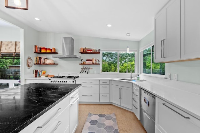 1705 Westmoor Dr, Austin, TX 78723 - kitchen featuring extractor fan, open shelves, dishwasher, white gas range oven, and recessed lighting