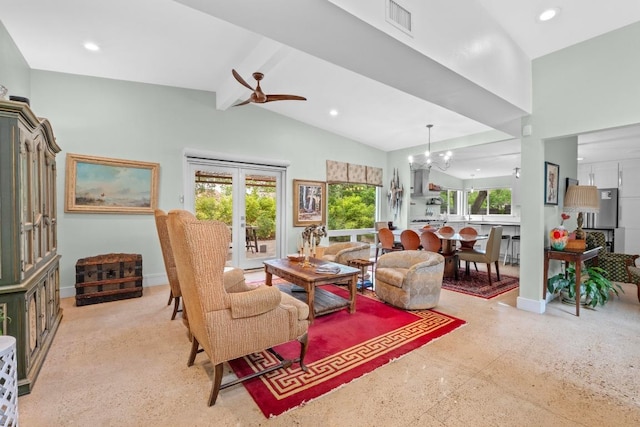 living room featuring visible vents, light speckled floor, baseboards, vaulted ceiling with beams, and recessed lighting