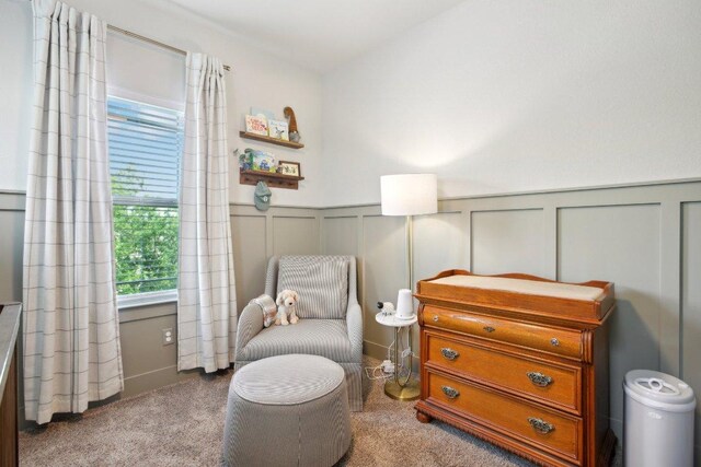 sitting room with carpet floors, wainscoting, and a decorative wall