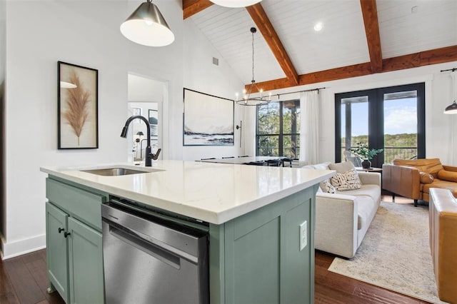 kitchen featuring dark wood-style flooring, open floor plan, green cabinetry, a sink, and dishwasher