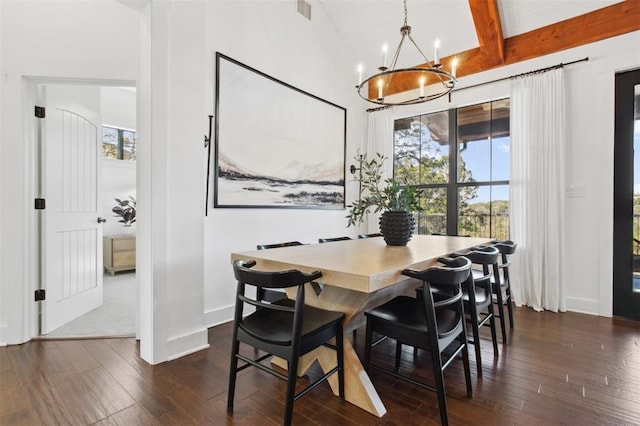 dining room with an inviting chandelier, a healthy amount of sunlight, vaulted ceiling with beams, and dark wood finished floors
