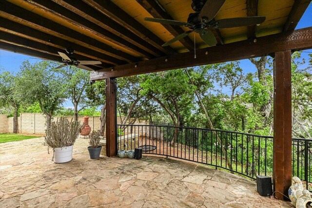 view of patio with a fenced backyard and ceiling fan
