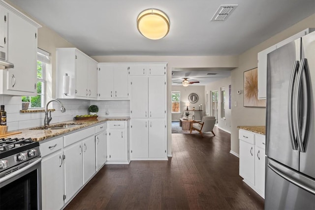 406 W 55th 1/2 St, Austin, TX 78751 - kitchen featuring appliances with stainless steel finishes, a sink, a ceiling fan, and light stone counters