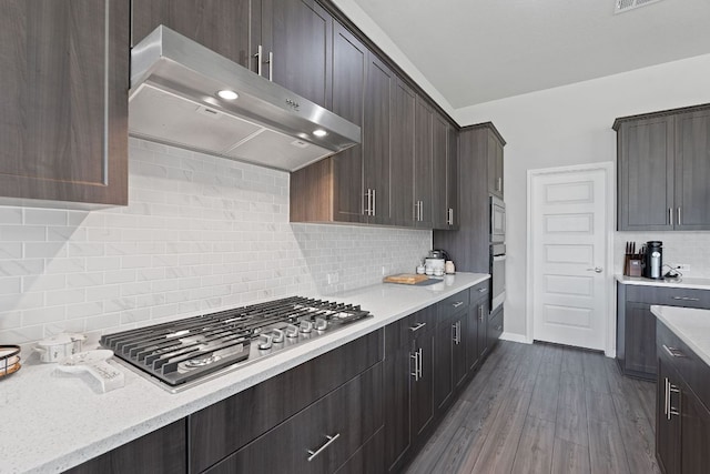571 Sue Peaks Loop, Dripping Springs, TX 78620 - kitchen with appliances with stainless steel finishes, exhaust hood, tasteful backsplash, and dark brown cabinets