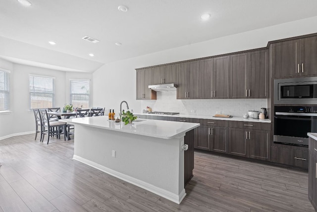 571 Sue Peaks Loop, Dripping Springs, TX 78620 - kitchen featuring under cabinet range hood, stainless steel appliances, tasteful backsplash, and light countertops