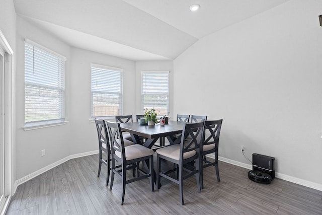 571 Sue Peaks Loop, Dripping Springs, TX 78620 - dining room featuring baseboards, vaulted ceiling, and wood finished floors