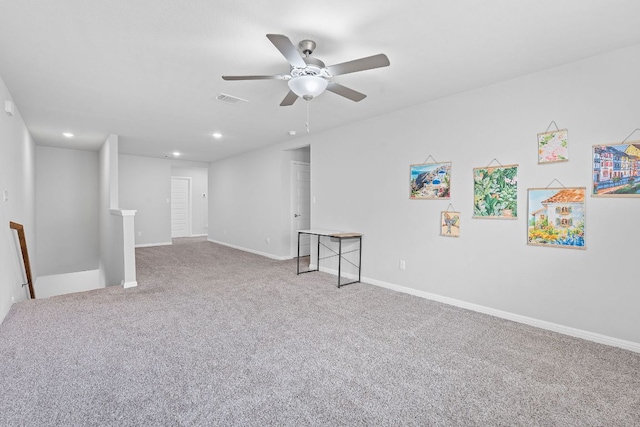 571 Sue Peaks Loop, Dripping Springs, TX 78620 - spare room featuring a ceiling fan, visible vents, baseboards, carpet flooring, and recessed lighting