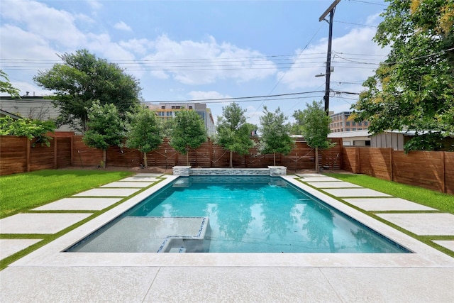 view of pool featuring a fenced in pool, a fenced backyard, and a yard