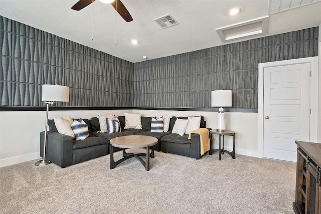 5812 Antelope Well Ln, Austin, TX 78738 - carpeted living area featuring a ceiling fan, baseboards, and recessed lighting