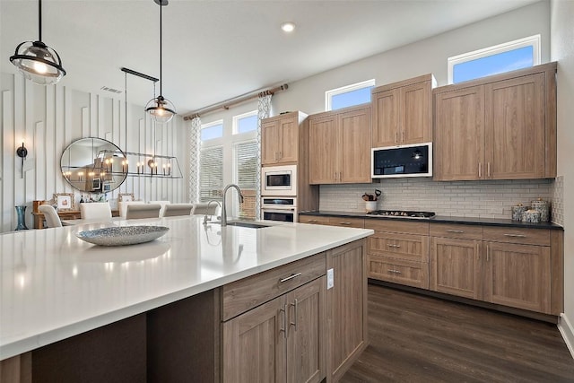5812 Antelope Well Ln, Austin, TX 78738 - kitchen featuring stainless steel appliances, a sink, dark wood-type flooring, decorative backsplash, and pendant lighting