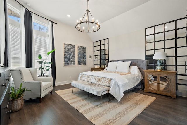 5812 Antelope Well Ln, Austin, TX 78738 - bedroom featuring a chandelier, wood finished floors, baseboards, lofted ceiling, and recessed lighting
