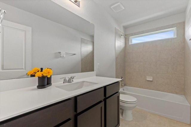 full bathroom featuring  shower combination, toilet, visible vents, and vanity