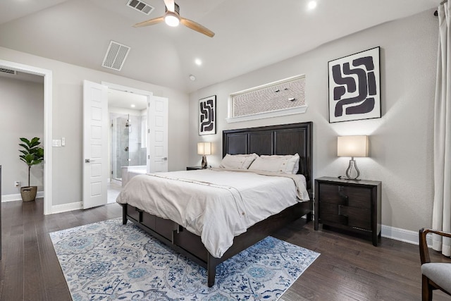 800 Kenney Fort Xing, Round Rock, TX 78665 - bedroom featuring baseboards, lofted ceiling, recessed lighting, wood finished floors, and ensuite bathroom