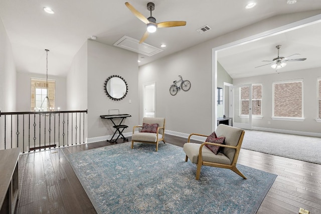 800 Kenney Fort Xing, Round Rock, TX 78665 - living area featuring attic access, a ceiling fan, vaulted ceiling, baseboards, and wood finished floors