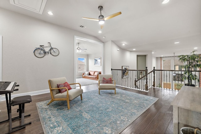 800 Kenney Fort Xing, Round Rock, TX 78665 - sitting room with ceiling fan, an upstairs landing, dark wood finished floors, recessed lighting, and vaulted ceiling