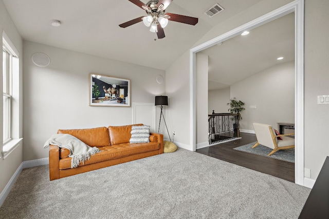 800 Kenney Fort Xing, Round Rock, TX 78665 - carpeted living room featuring vaulted ceiling, ceiling fan, baseboards, and recessed lighting