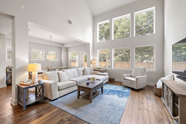 1403 Matthews Ln, Austin, TX 78745 - living room with high vaulted ceiling and dark wood-style flooring