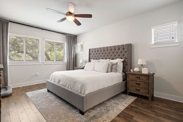1403 Matthews Ln, Austin, TX 78745 - bedroom featuring dark wood-style flooring and ceiling fan