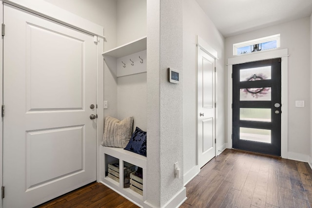 mudroom with baseboards and dark wood finished floors