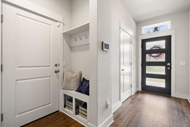 1403 Matthews Ln, Austin, TX 78745 - mudroom featuring dark wood-style floors and baseboards