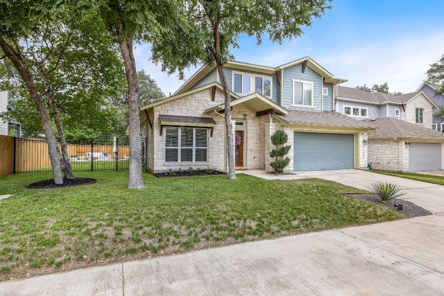 traditional home with fence, a garage, driveway, and stone siding
