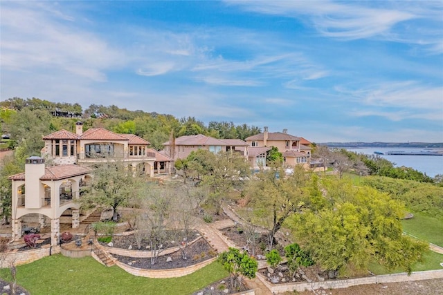 aerial view featuring a water view