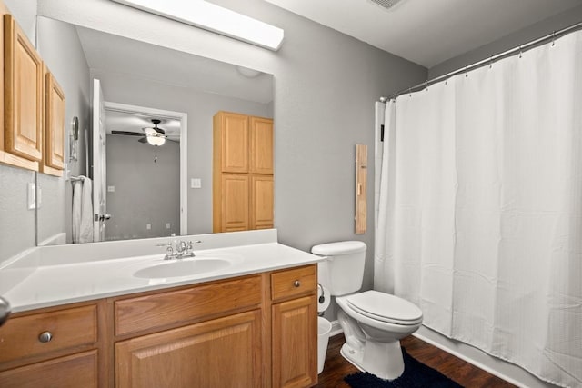 6900 E Riverside Dr Unit 17, Austin, TX 78741 - bathroom with vanity, wood finished floors, a ceiling fan, and a shower with curtain