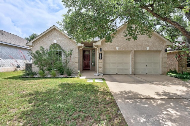 single story home with a front lawn, brick siding, central AC unit, concrete driveway, and an attached garage