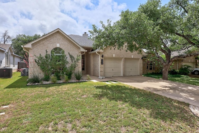 ranch-style home with brick siding, a garage, a chimney, cooling unit, and driveway