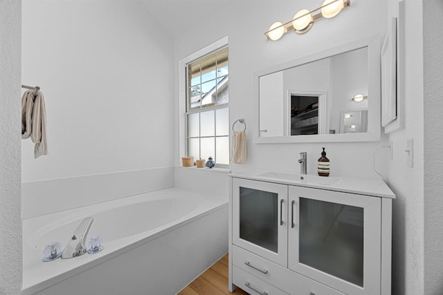 bathroom with wood finished floors, a garden tub, and vanity
