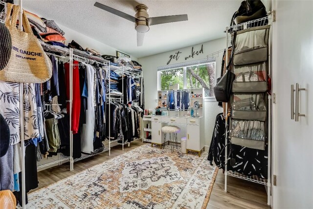 walk in closet featuring ceiling fan and wood finished floors