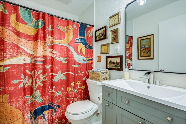 bathroom featuring vanity, a shower with shower curtain, and toilet