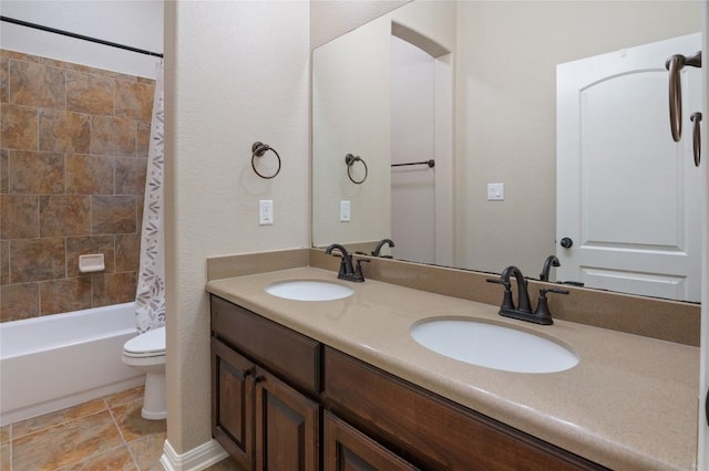 2420 Champions Corner Dr, Leander, TX 78641 - bathroom featuring double vanity, toilet, and shower / bathtub combination with curtain