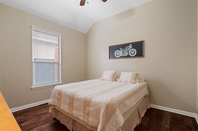 2420 Champions Corner Dr, Leander, TX 78641 - bedroom with baseboards, dark wood finished floors, lofted ceiling, and ceiling fan
