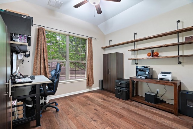 2420 Champions Corner Dr, Leander, TX 78641 - office area with wood finished floors, ceiling fan, and lofted ceiling