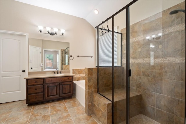 2420 Champions Corner Dr, Leander, TX 78641 - bathroom with a garden tub, a shower stall, vanity, and lofted ceiling