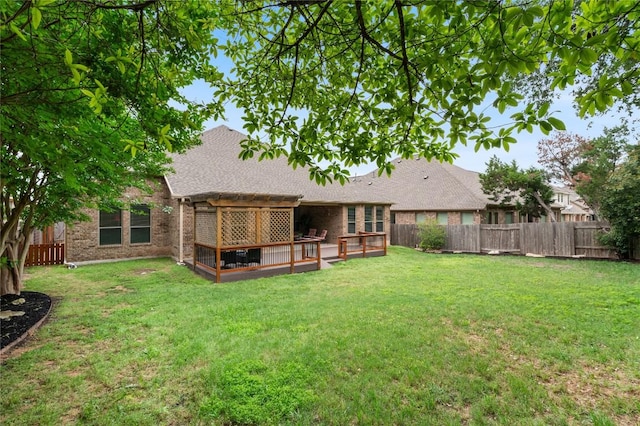 2420 Champions Corner Dr, Leander, TX 78641 - rear view of house with brick siding, a pergola, a wooden deck, and a shingled roof