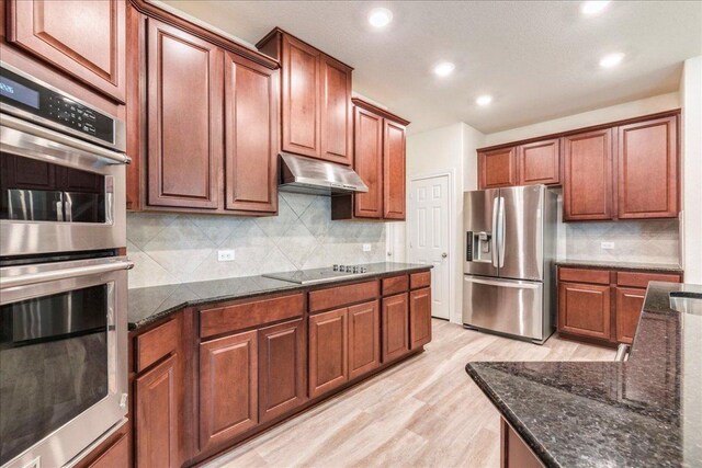kitchen featuring light wood-type flooring, recessed lighting, under cabinet range hood, and stainless steel appliances