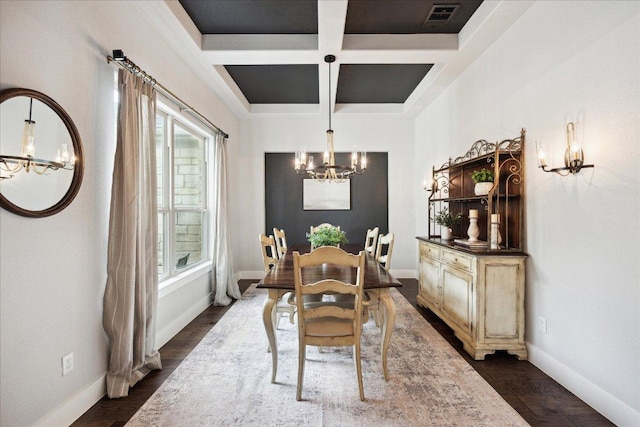 dining area with a chandelier, baseboards, beamed ceiling, visible vents, and coffered ceiling