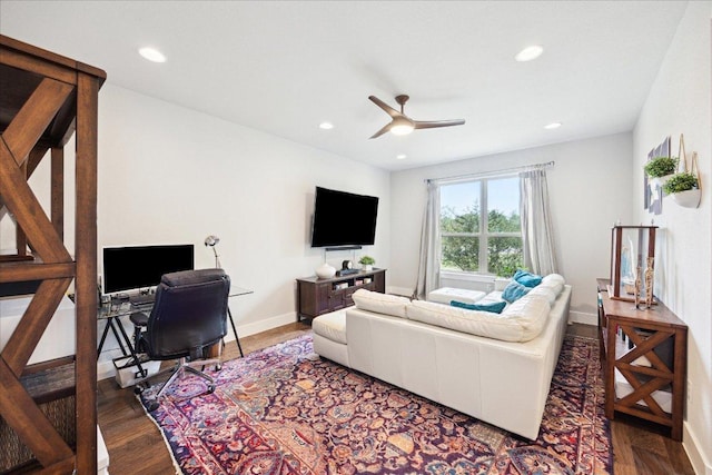 2201 Live Oak Rd, Leander, TX 78641 - living area with ceiling fan, recessed lighting, a desk, and wood finished floors