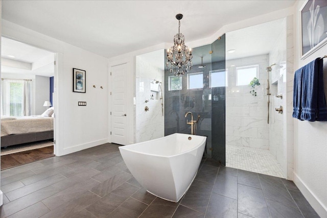 bathroom with a walk in shower, connected bathroom, a chandelier, and a healthy amount of sunlight