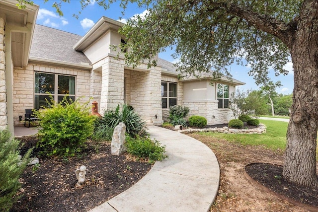 2201 Live Oak Rd, Leander, TX 78641 - doorway to property featuring stone siding and a shingled roof