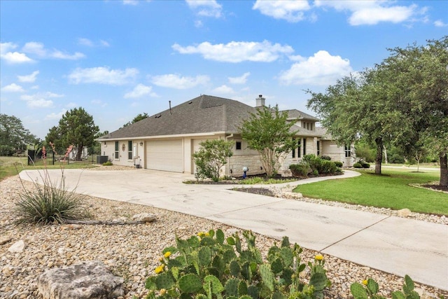 2201 Live Oak Rd, Leander, TX 78641 - single story home featuring concrete driveway, an attached garage, a front yard, a chimney, and cooling unit