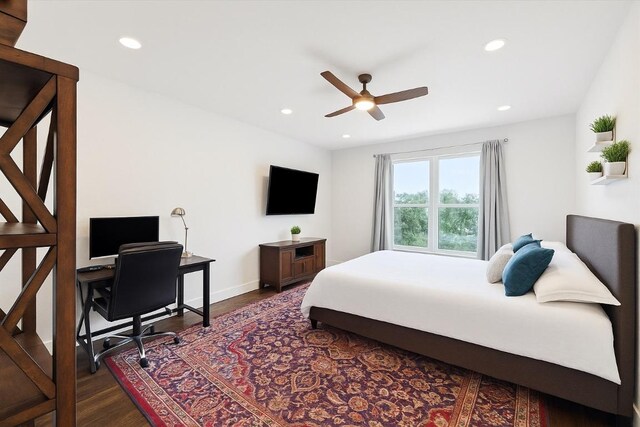 2201 Live Oak Rd, Leander, TX 78641 - bedroom with dark wood-style floors, recessed lighting, a desk, and ceiling fan