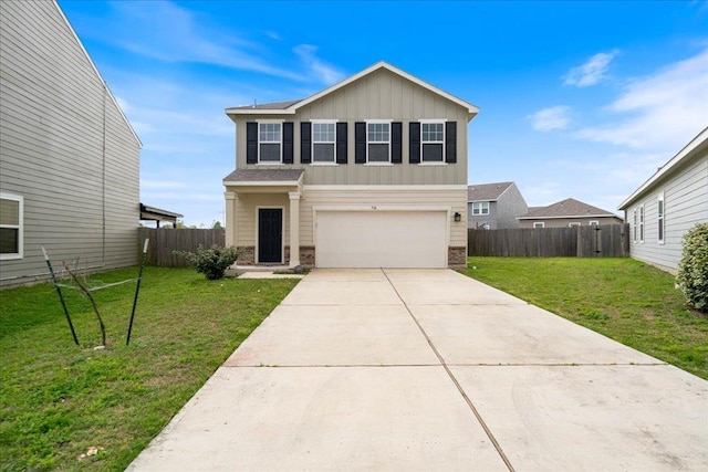 traditional-style home featuring fence, an attached garage, board and batten siding, a front yard, and concrete driveway